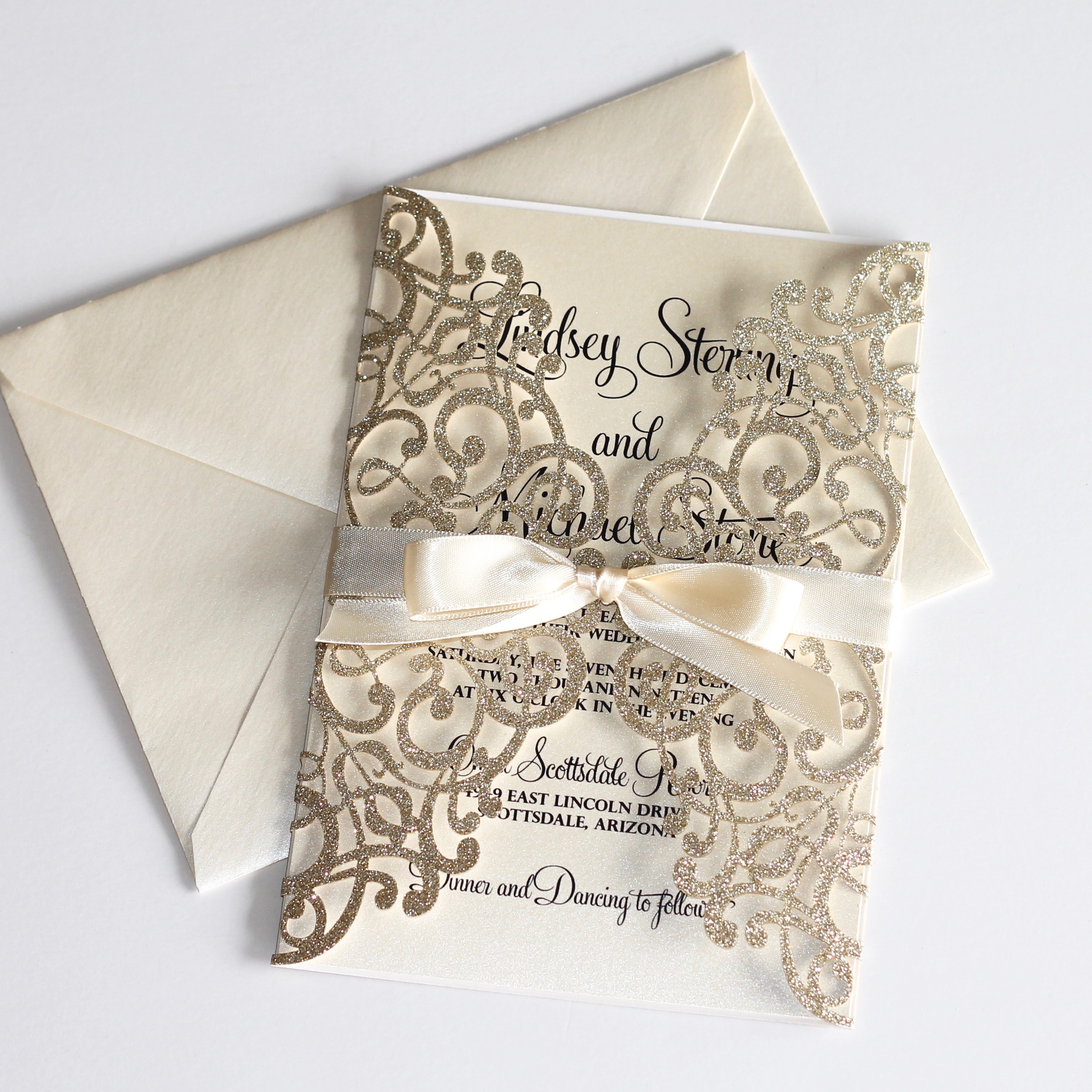 60X Gold Laser Cut Wedding Invitation Cards with Bowknot Personalized Printing 