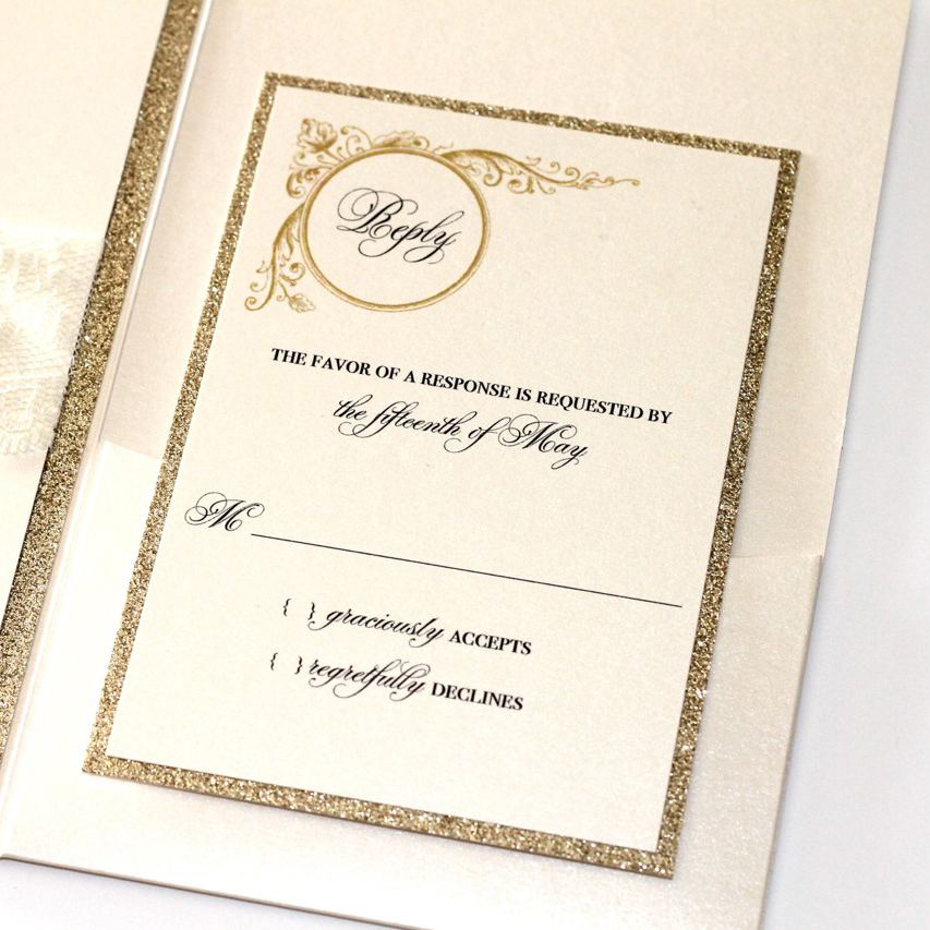 Harper Ivory And Gold Glitter Pocket Fold Invitation Embellished Paperie Llc